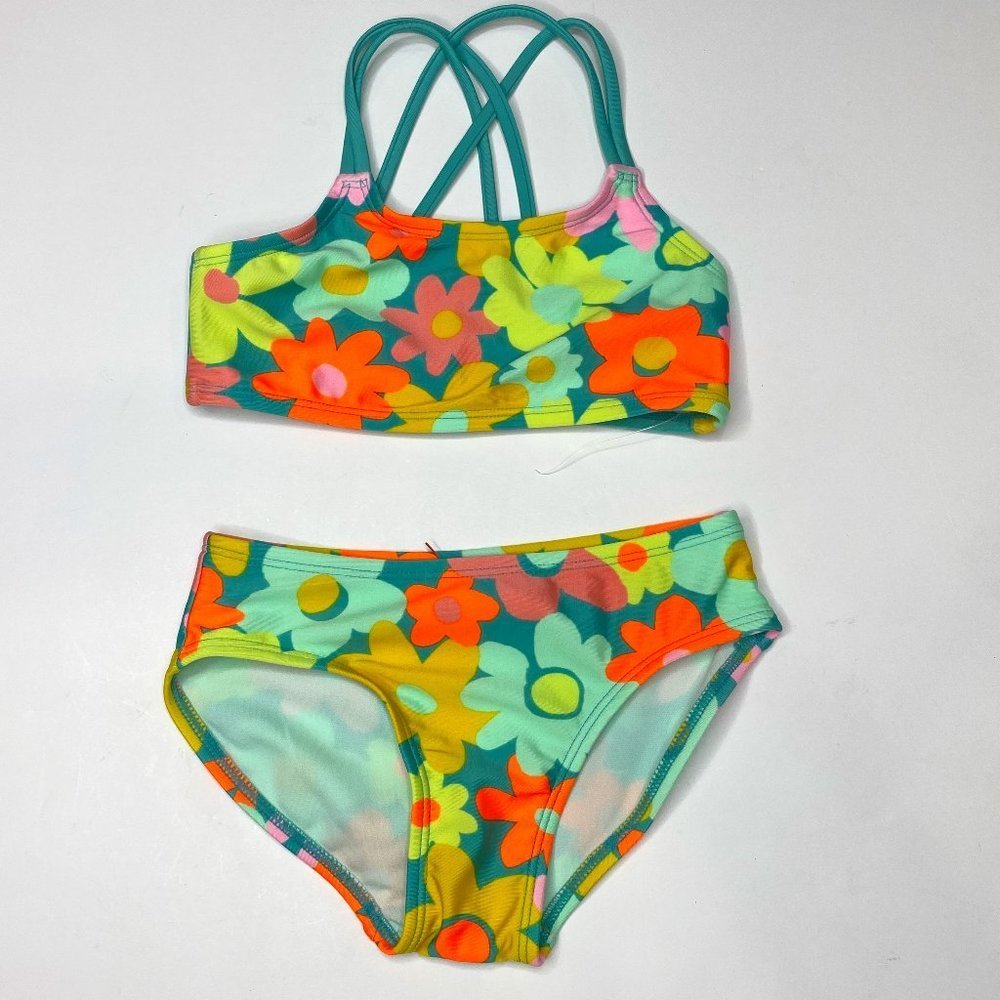 Cat & Jack, NWOT, Spring Bloom green/orange flowered bikini size XS 4/5.